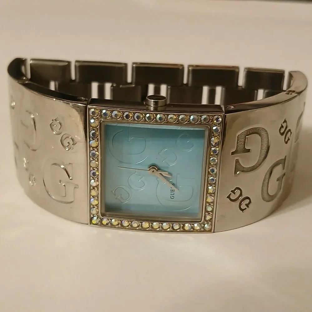 Y2K Guess Women's Crystal Accented Blue Dial Stainless Steel Cuff Watch W75017L1